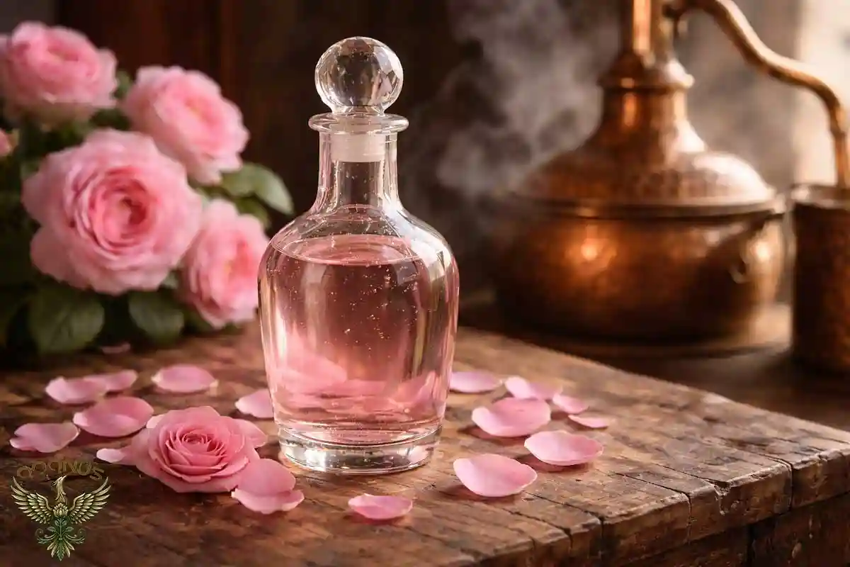 انواع گلاب (سنگین، دوآتیشه، ممتاز) و تفاوت آنها 2 بطری گلاب دوآتیشه کنار دیگ تقطیر سنتی و بخار ملایم در پسزمینه