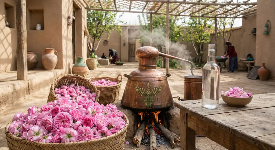 گلاب چیست؟ بررسی کامل خواص، انواع، روش مصرف و راهنمای خرید گلاب اصل 1 مراحل سنتی تولید گلاب با دیگ مسی و گل محمدی